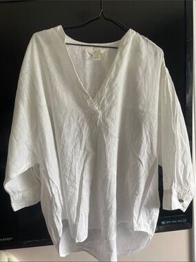 H&M White V-Neck Linen/Cotton Tunic Blouse